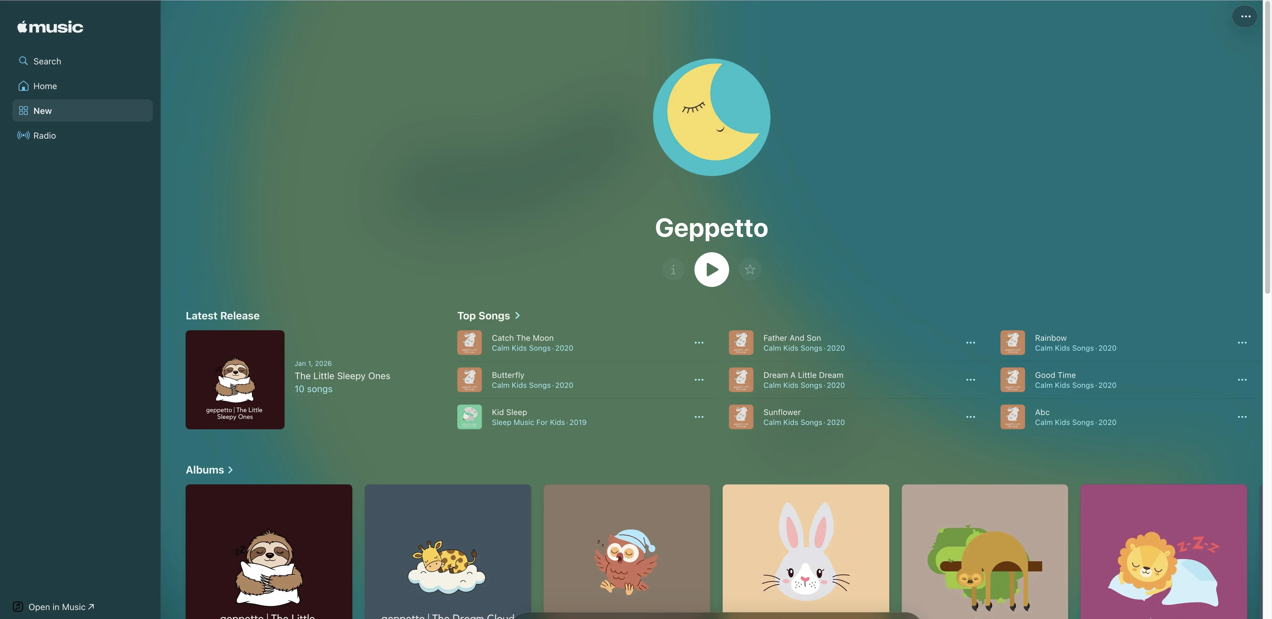 Geppettos Apple-Music-Künstlerseite mit Originalcovern und Liedern