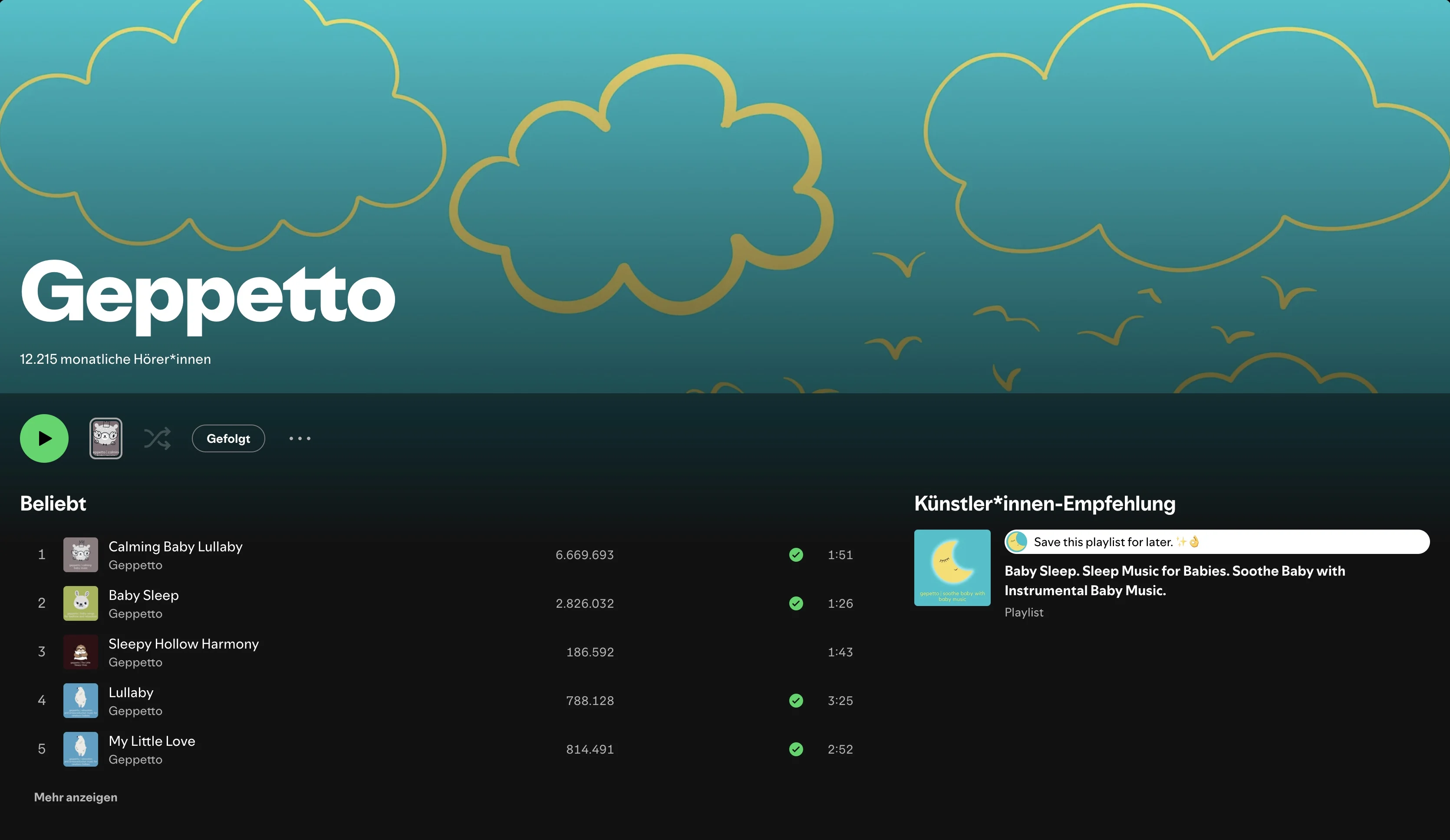 Geppettos Spotify-Künstlerprofil mit Liedern und Babyschlaf-Playlist